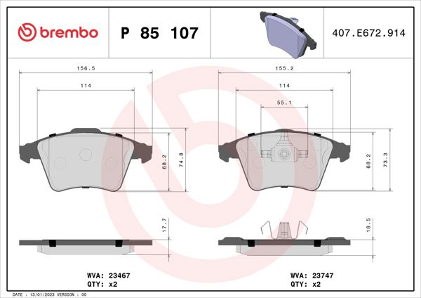 BREMBO P85107 | Ön Fren Balatası 18.00mm VW