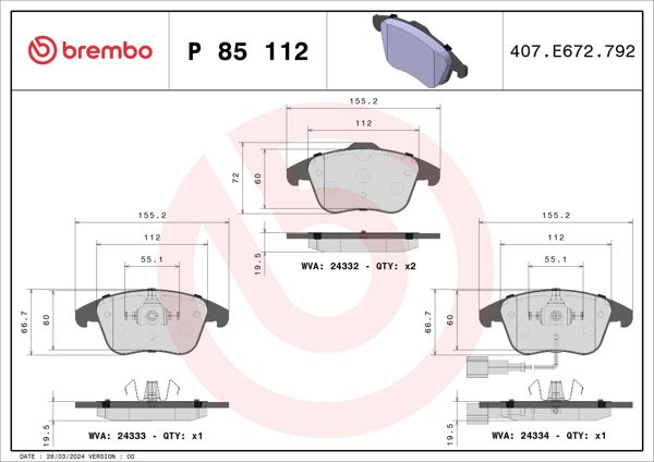 BREMBO P85112 | Fren Balatası Ön Kablolu (VW Passat 13-15 Tiguan 08-18 Audi Q3 12-18)
