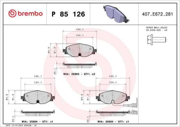 BREMBO P85126 | Fren Balatası Ön Kablolu-(VW Caddy 16-Golf 13-Audi A3 13-Seat Leon 13-Skoda Octavia 13 -)