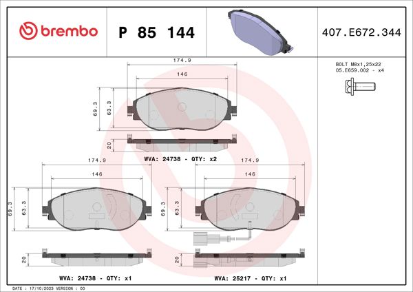 BREMBO P85144 | Fren Balatası Ön (VW Golf 13-Passat 15-Audi A3 13-Seat Leon 13-Skoda Octavia 13 -)