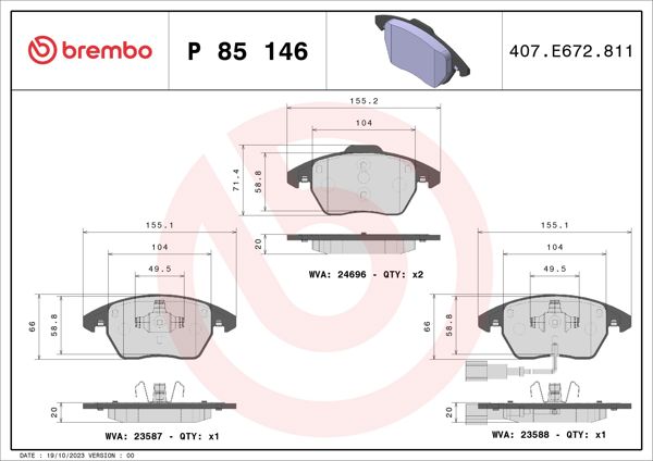 BREMBO P85146 | Ön Fren Balatası-Kablolu-(VW Caddy 04-15 Golf 04-14 Passat 06-11 Polo 10-Audi A3 04-13