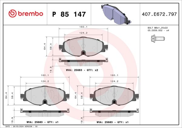 BREMBO P85147 | Ön Fren Balatası-Kablolu-(VW Caddy 16-Golf 13-Audi A3 13-Seat Leon 13-Skoda Octavia 13 -)