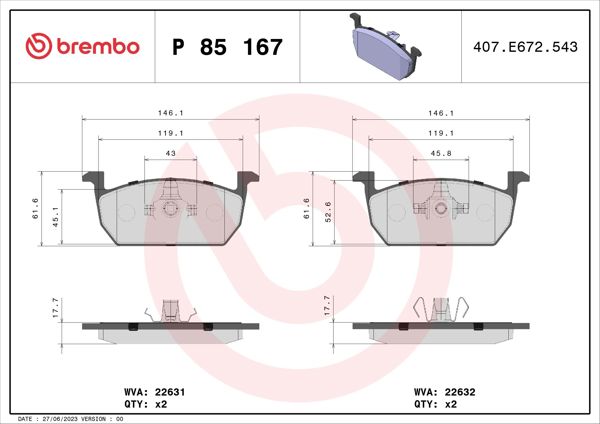 BREMBO P85167 | Fren Balatası Ön (VW Polo 18- Audi A1 19- Seat Ibiza 18 -)