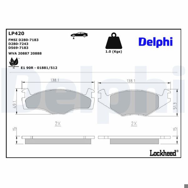 DELPHI LP420 | Fren Balatası Ön Seat Ibiza/Cordoba 1.6, Golf II/Cabrio/Jetta II/Passat II