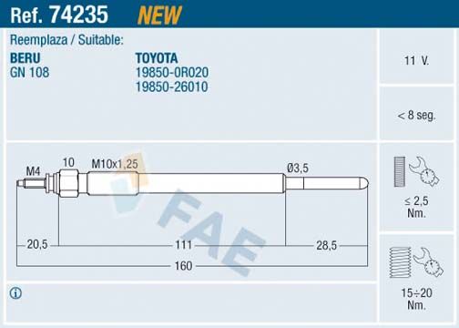 FAE 74235 | Kızdırma Bujisi 11V Toyota Auris Avensis Corolla Rav 4 2.0 2.2 D-4D