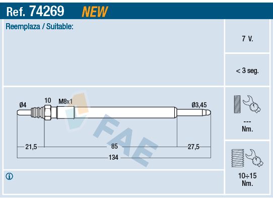FAE 74269 | Kızdırma Bujisi Jeep Grand Cherokee IV (Wk, Wk2) 3.0 Crd V6 4×4 , Volvo C30 (533) D3, Volvo C30 (533) D4, Volvo C30 (533) D5, Volvo C70 II Convertible (542) 2.4 D, Volvo C70 II Convertible (542) D3