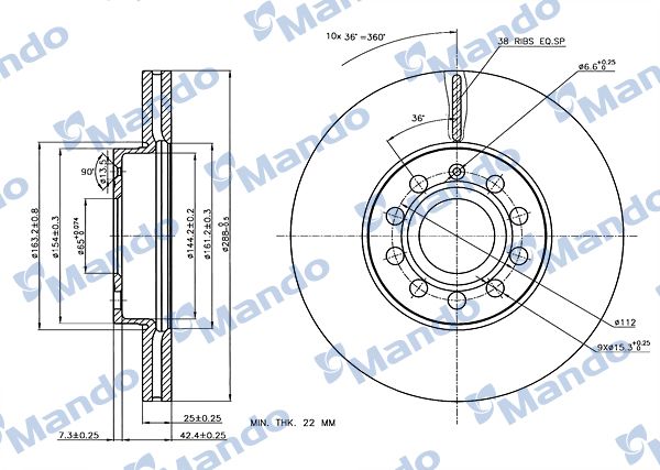 MANDO MBC035327 | Disk On (Ad) 05 > Golf.5.6-Jtt-Cdd-Oct-Leo-A3 (Ø=288) Havalandırmalı | 2 Adet