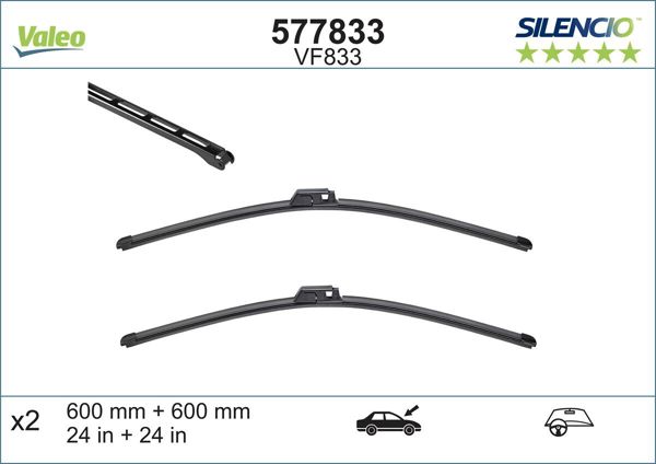 VALEO 577833 | Silencio Vf833 (X2) (600 + 600mm) (Ön) Bentley Contınental Flyıng Spur (3W_)
