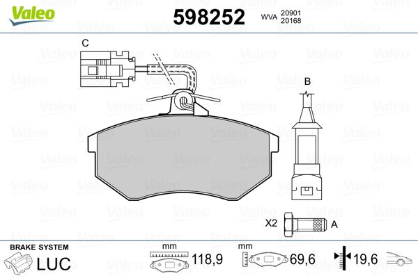 VALEO 598252 | Ön Fren Balatası-Kulaksız (19mm)-(VW Caddy 96-03 Golf 80-98 Polo 95-02 Audi A4 95-97 A80 92-96)