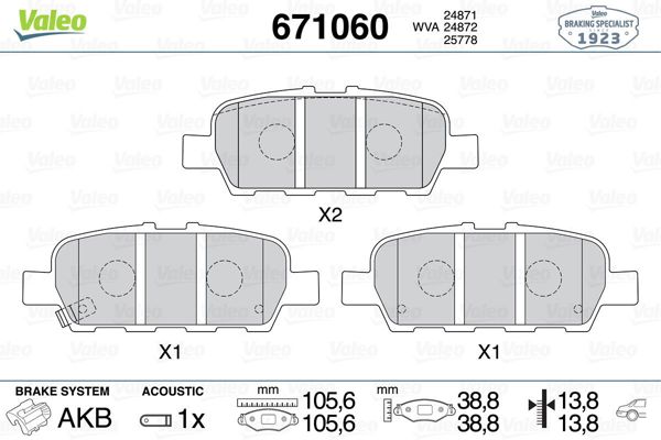 VALEO 671060 | Fren Balatası Arka Nissan Qashqai J10 07-13 Xtrail T30 00-/ Xtrail T31 07-13 Parthfınder 13-/ Koleos 08-/ Juke 10-/ Suzuki Grand Vıt