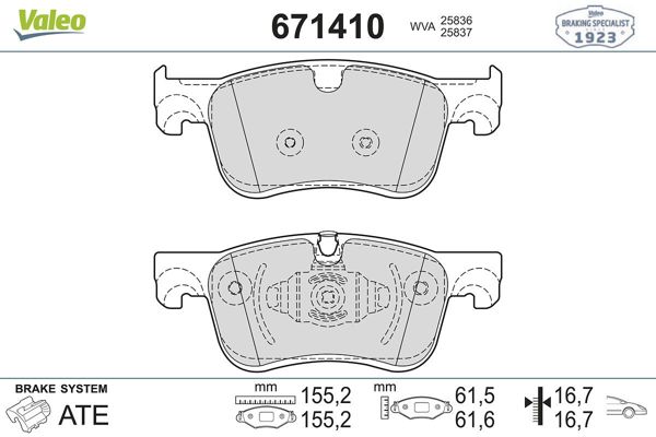 VALEO 671410 | Ön Fren Balatası Partner Prıfter 18-/ C4 Picasso 13-Spacetourer 18-/ Combo E 18-Toyota Proacecıty 19-(Kullanıldıgı Disk Çapı: 283, Kalınlık:26) | 1 Adet