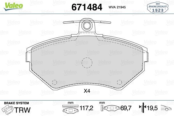 VALEO 671484 | Fren Balatası Ön (119 mm) Volkswagen Passat Golf III Polo Caddy II Passat 95-Seat Cordoba Ibiza Toledo 00 -