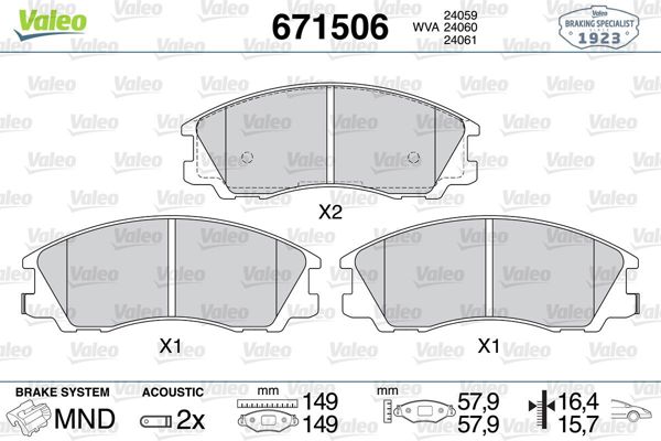 VALEO 671506 | Fren Balatası Ön Hyundai Terracan 3.5 2.5D 2.9D 01-07 Terracan Van 2.5D 2.9D 01-07