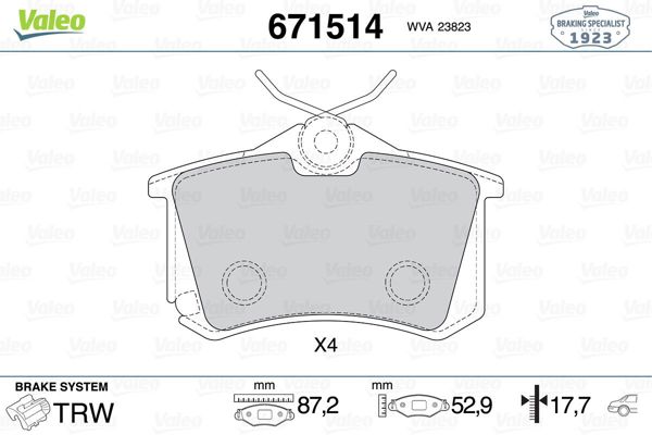 VALEO 671514 | Fren Balata Arka Golf.IV.V.VI-Psst-307-C2-C3-C4 17mm