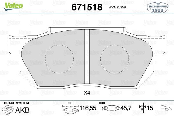 VALEO 671518 | Fren Balatası Ön-Honda Civic 88-91-12.8mm