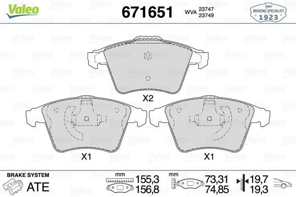VALEO 671651 | Fren Balatası Ön-19.70mm-VW Transporter 03-19