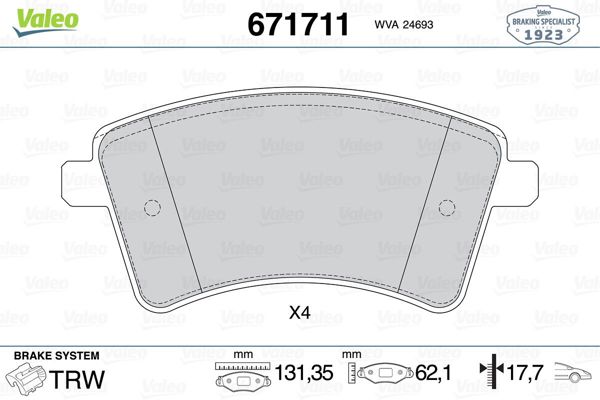 VALEO 671711 | Fren Balatası Ön Kangoo III Mercedes Cıtan 2012 / 17.7 mm