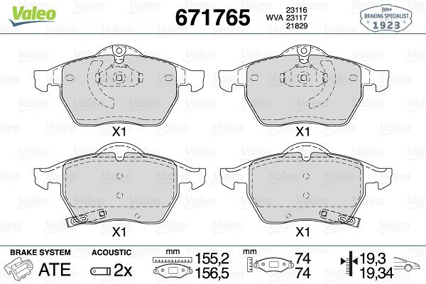 VALEO 671765 | Fren Balatası Ön Opel Astra 02-04 Astra Cabrıo 02-05 Astra Coupe 00-05 Zafira 02-05