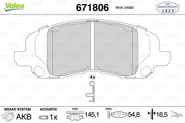 VALEO 671806 | Fren Balatası Ön-Jeep Chrysler Compass 07-Patrıot 07-Lancıa Flavıa 12-Sebrıng 06-11