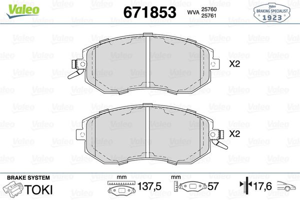 VALEO 671853 | Balata Fren Ön-(Subaru:Forester 09-12 2.0-2.5 / Impreza Legacy 08-12 2.0 / Outback 09-12 2.5 / Xv 12 -)