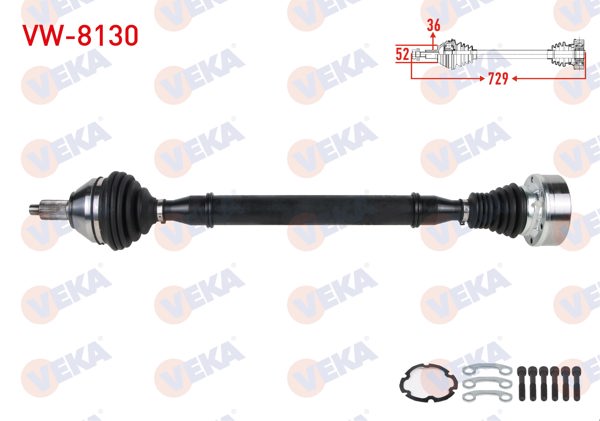VEKA VW-8130 | Komple Aks Sağ On Uzunluk 729mm Volkswagen Polo (6R) 1.4 TDI M-T 2014-/ Skoda Fabia (Nj3) 1.4 TDI M-T 2014-/ Rapid 1.4 TDI M-T 2013-/ Seat Ibiza IV (6J5) 1.4 TDI M-T 2015 -