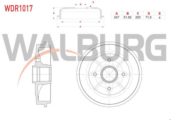 WALBURG WDR1017 | Fren Kampanası Arka 4 Delik 247X51,92X203x71,5 Peugeot 106 1.4İ-1.6İ 1996-2002 / 206 1.4İ-1.6İ 1998-2006 / Citroen Saxo 1.4-1.5 D 1996-2004