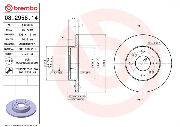 BREMBO 08.2958.14 | Fren Diski Ön Standard Renault | 2 Adet