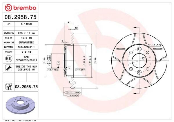 BREMBO 08.2958.75 | Fren Diski Ön Çızgılı Clio E.M. R9 R11 R19 Logan Symbol Thalia Twıngo 1.4 K7j 1.2 D7f D4f | 2 Adet