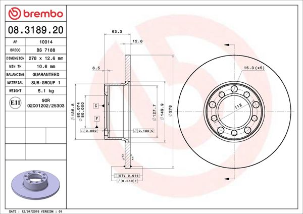 BREMBO 08.3189.20 | Fren Diski Ön Mercedes W123 114 115 123 68-86 | 2 Adet