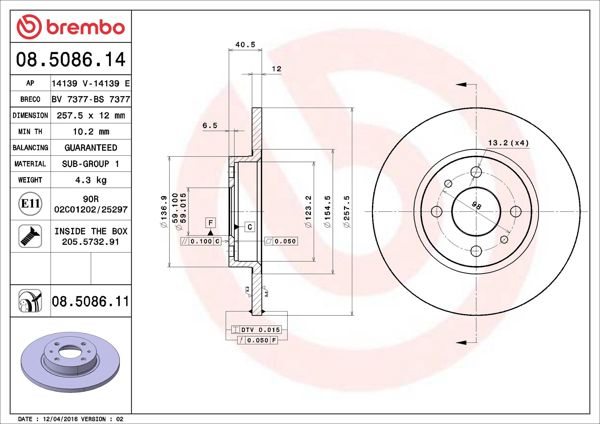 BREMBO 08.5086.14 | Fren Diski Ön Standard Chrysler, Brava/Bravo I/Marea/Punto/Tempra/Tipo, Alfa 145-146 | 2 Adet