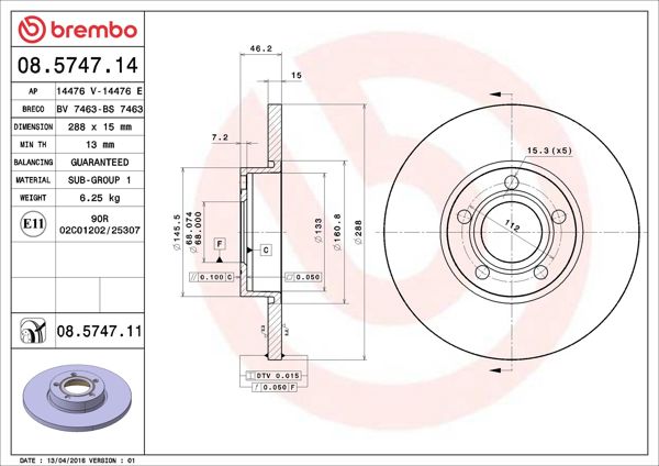 BREMBO 08.5747.11 | Fren Diski Ön Kaplamalı 288 mm Audi 100 91-94 A4 95-97 A6 95-97 | 2 Adet