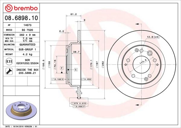 BREMBO 08.6898.10 | Fren Diski Arka Düz-(282-5)-(Honda Legend 96 / 11 / Shuttle 94 / 02) | 2 Adet