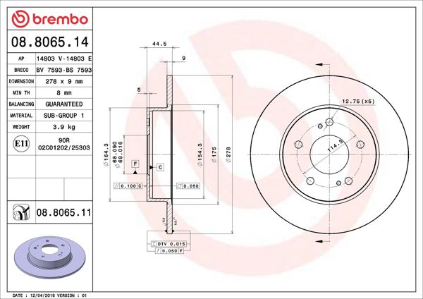 BREMBO 08.8065.14 | Fren Diski Arka Düz-(278-5)-(Nissan Maxıma 95 / 06)