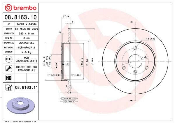 BREMBO 08.8163.11 | Fren Diski Ön UV Coated Smart | 2 Adet