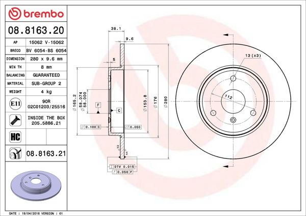 BREMBO 08.8163.20 | Fren Diski Ön Standard Smart W450-W451 Fortwo | 2 Adet