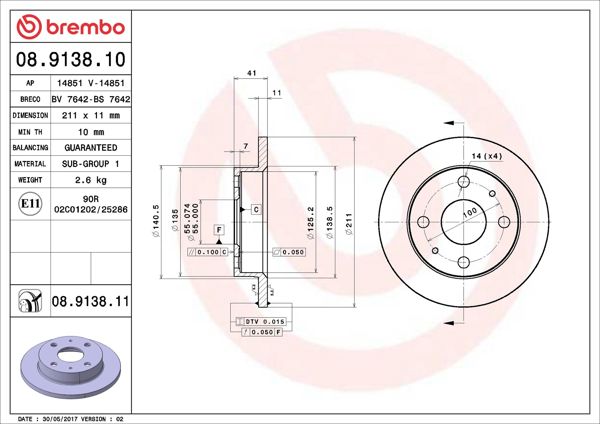 BREMBO 08.9138.10 | Fren Diski Ön Standard Daihatsu | 2 Adet