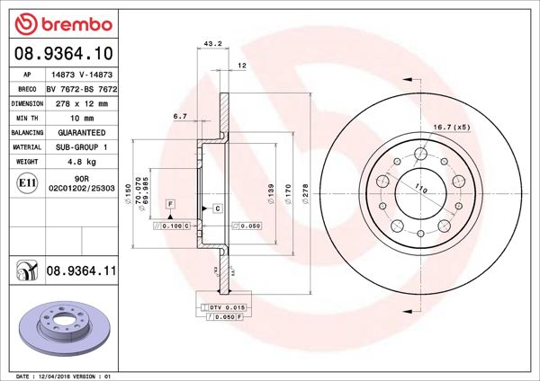 BREMBO 08.9364.11 | Fren Diski Arka Alfa Romeo 500 X/159/Giulietta/Spider/Brera Jeep Renegade | 2 Adet