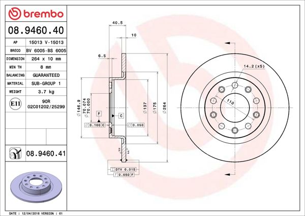 BREMBO 08.9460.41 | Fren Diski Arka UV Coated Alfa Romeo Giulietta 10> | 2 Adet