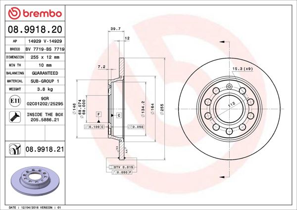 BREMBO 08.9918.21 | Fren Diski Arka Kaplamalı (Audi A4 01-08 Seat Exeo 09-14) | 2 Adet