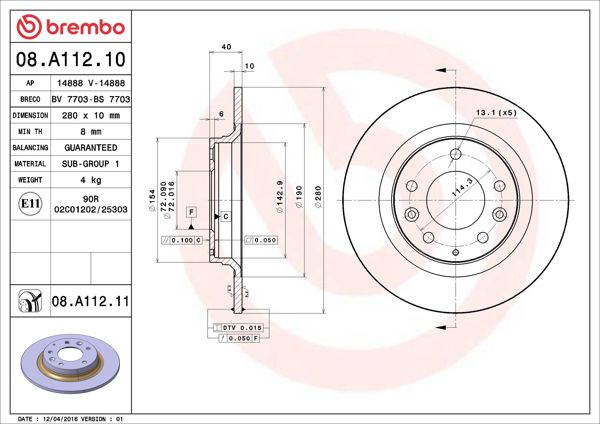 BREMBO 08.A112.10 | Fren Diski Arka Standard Mazda | 2 Adet