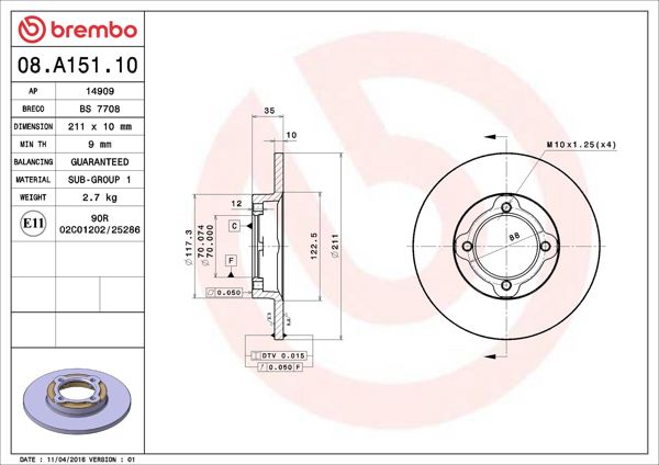 BREMBO 08.A151.10 | Fren Diski Ön Standard Daihatsu | 2 Adet