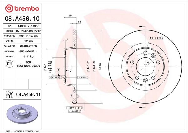 BREMBO 08.A456.10 | Fren Diski Arka Düz 290mm Scudo / Jumpy / Expert 1.6 HDI 2.0 HDI 07- | 2 Adet