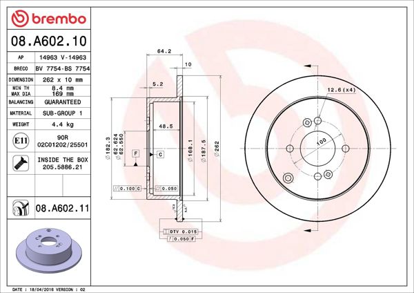 BREMBO 08.A602.10 | Fren Diski Arka Düz 262-4 Accent-Era 07/11 / Getz 02/ i20 08/11 / Rio 05/11 | 2 Adet