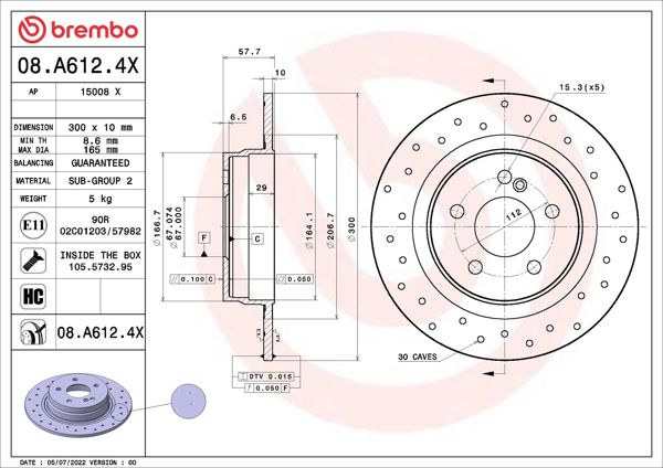 BREMBO 08.A612.4X | Fren Diski (Mercedes W204-W205 Arka