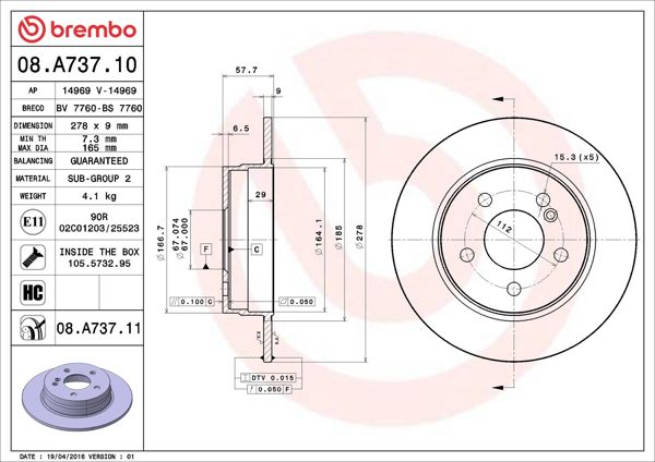 BREMBO 08.A737.11 | Fren Diski Arka Kaplamalı Mercedes W204 C180-C200 2 Adet