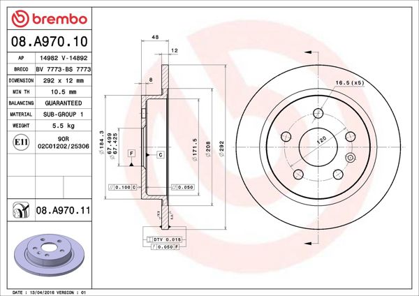 BREMBO 08.A970.11 | Fren Diski Arka (Opel Insignia 1.4 11-/ 1.6-1.8 08 -) | 2 Adet