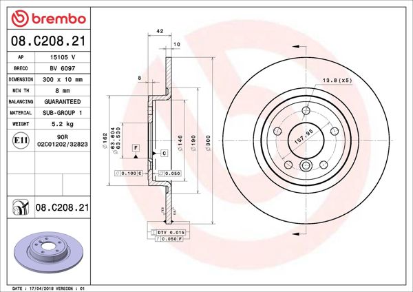 BREMBO 08.C208.21 | Fren Diski Arka UV Coated Jaguar | 2 Adet
