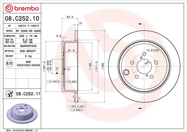 BREMBO 08.C252.11 | Fren Diski Arka Subaru Impreza 1.5/1.6 02-