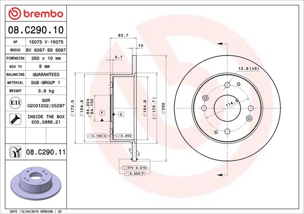 BREMBO 08.C290.11 | Fren Diski Arka Düz (260-4)-(Honda Accord 1998 / 2002 1.8-2.0) | 2 Adet