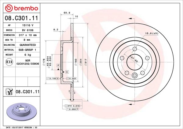 BREMBO 08.C301.11 | Fren Diski Arka UV Coated Landrover Range Rover Evoque 11-19 | 2 Adet